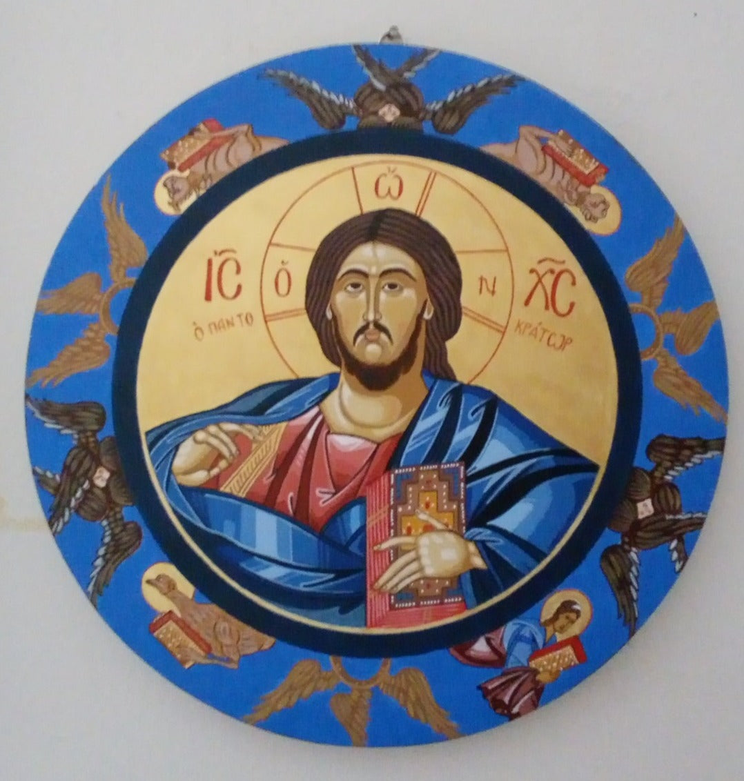 Handpainted round Orthodox religious icon Jesus Christ Pantokrator - Handmadeiconsgreece