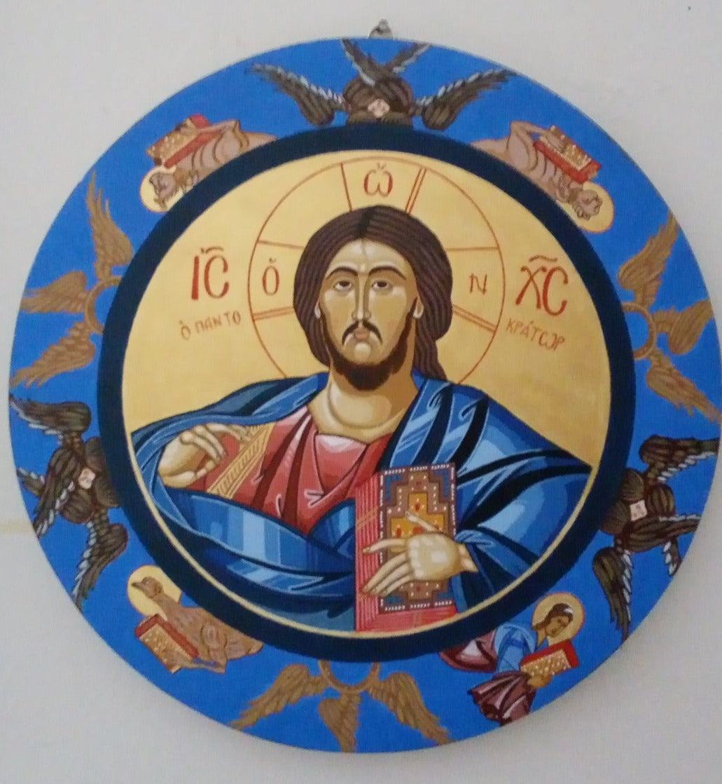 Handpainted round Orthodox religious icon Jesus Christ Pantokrator - Handmadeiconsgreece