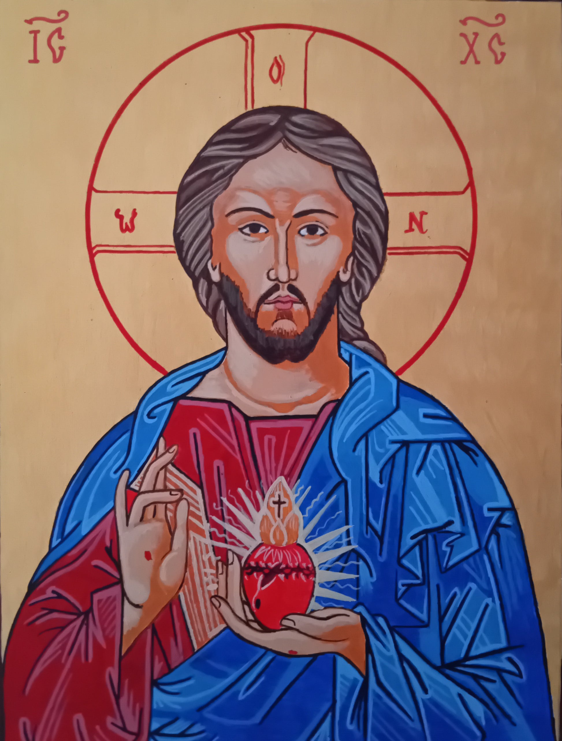 Handpainted catholic religious icon of Jesus Christ Sacred Heart - Handmadeiconsgreece 