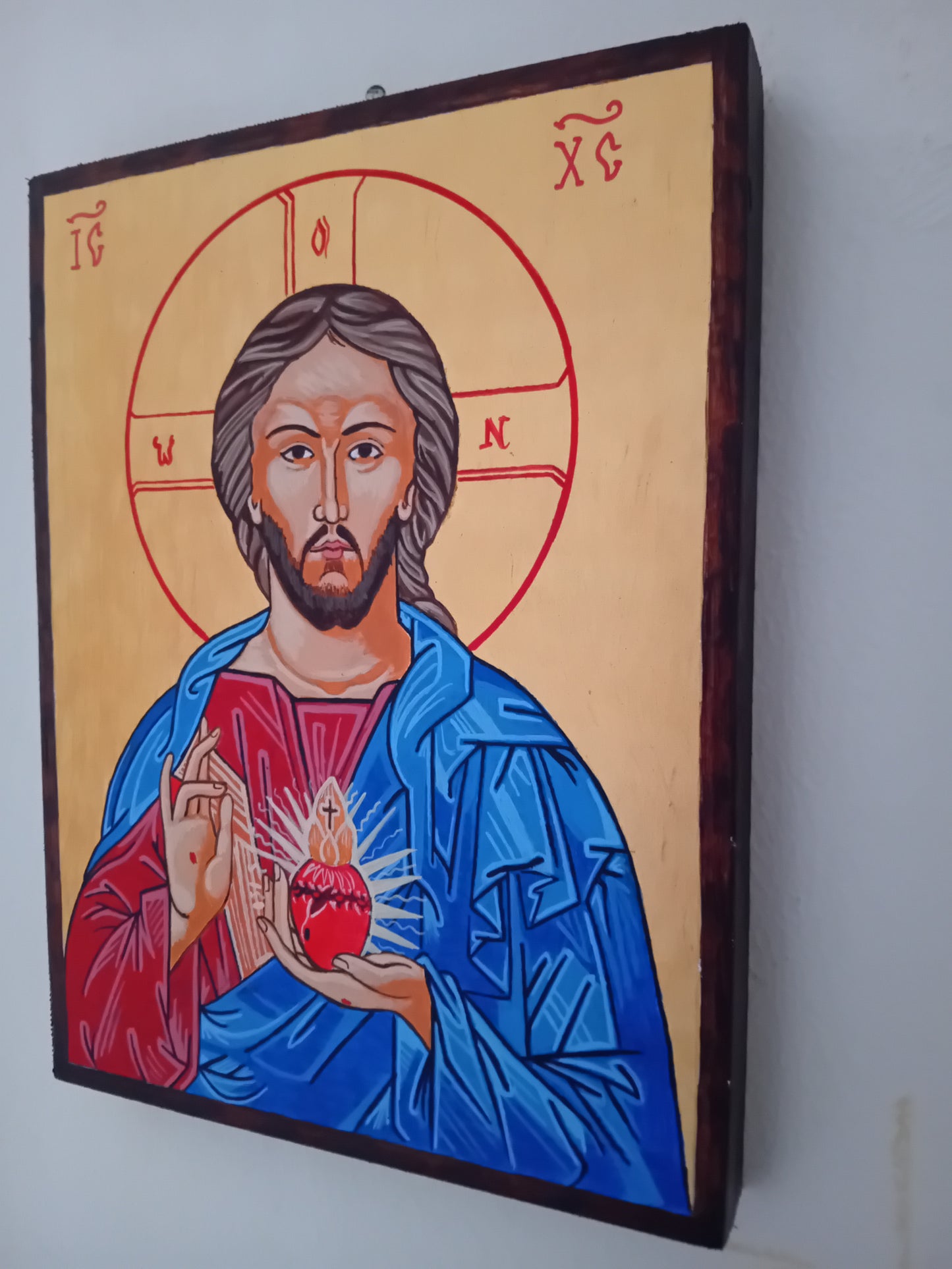 Handpainted catholic religious icon of Jesus Christ Sacred Heart - Handmadeiconsgreece 