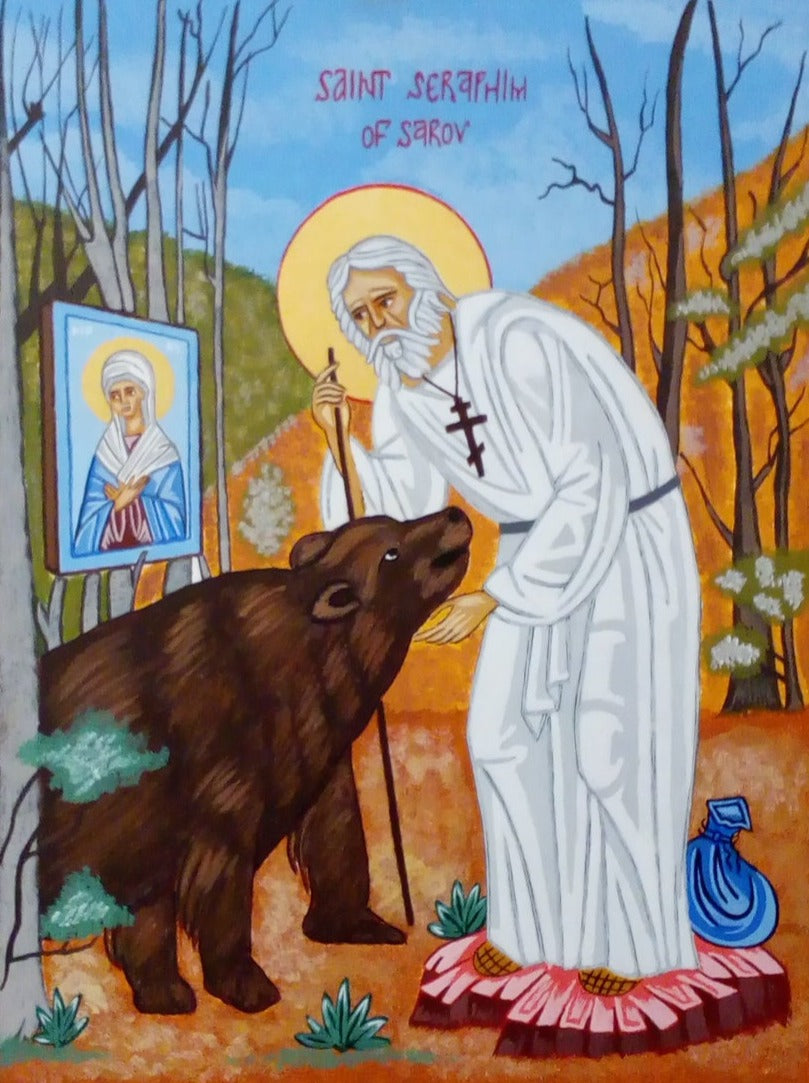 Handpainted orthodox russian icon Saint Seraphim of Sarov and his bear - Handmadeiconsgreece