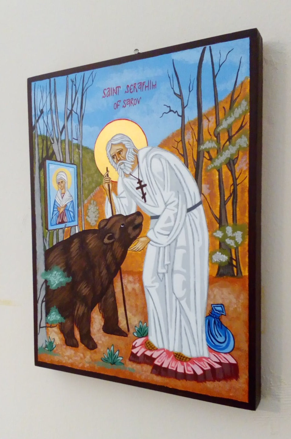 Handpainted orthodox russian icon Saint Seraphim of Sarov and his bear - Handmadeiconsgreece