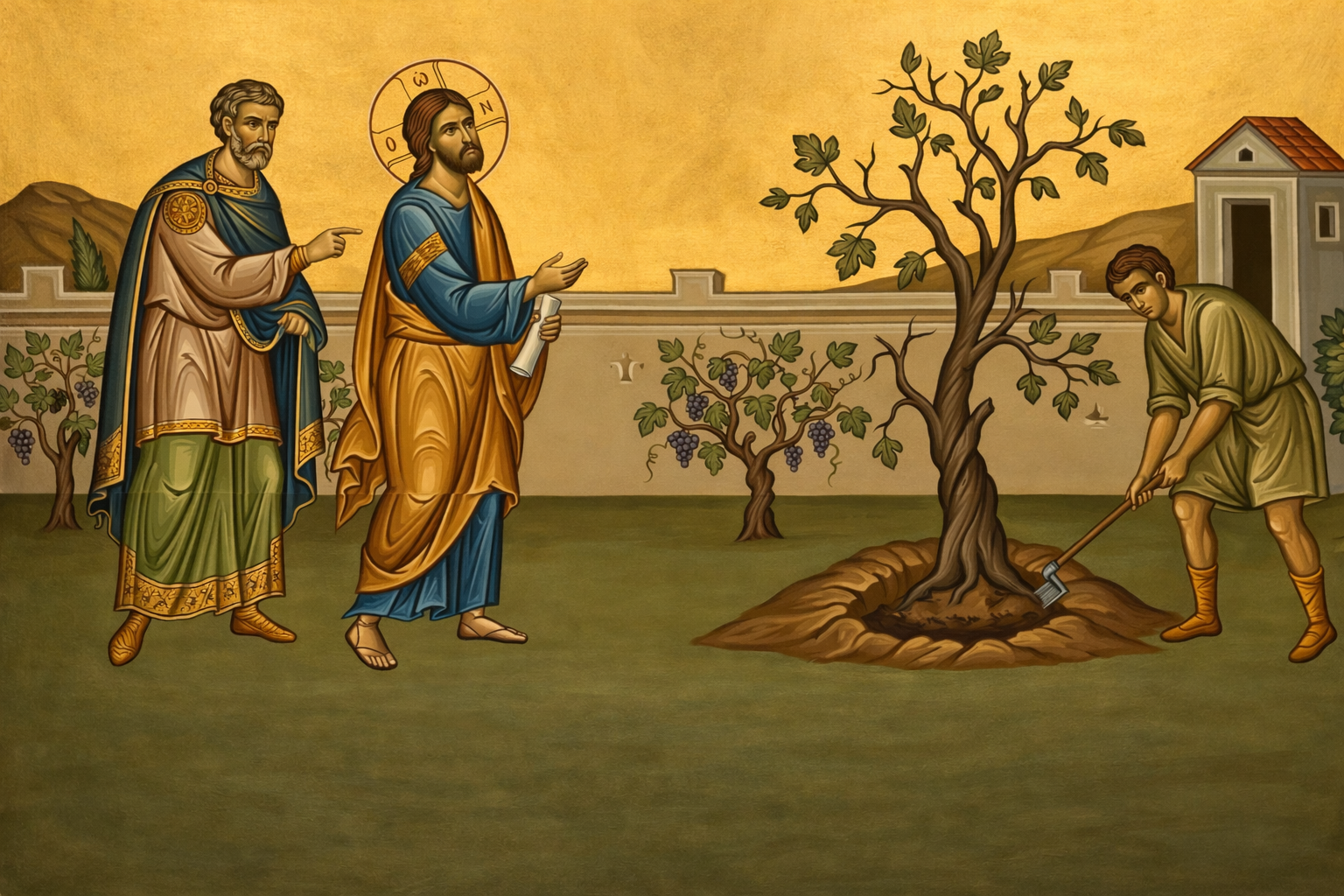 Handpainted orthodox religious icon of the Parable of the Barren Fig  - Handmadeiconsgreece 