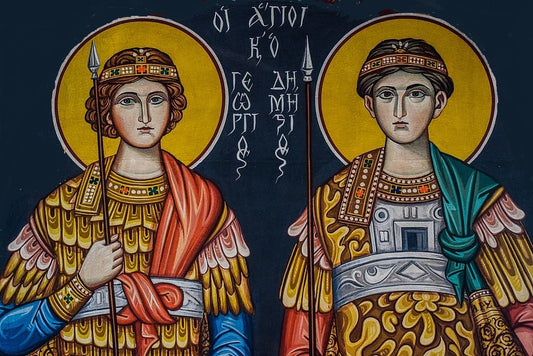 Handpainted orthodox religious icon Saint George and Saint Demetrius - Handmadeiconsgreece