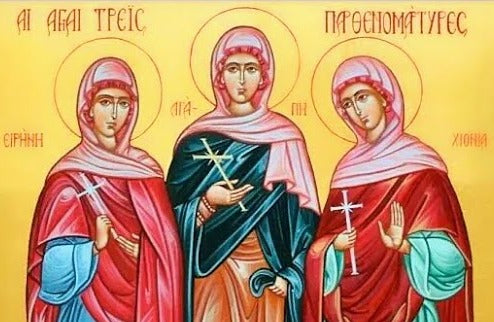 Handpainted orthodox religious icon Saints Agape, Chionia and Eirini - Handmadeiconsgreece