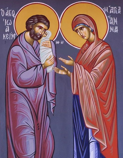 Handpainted orthodox religious icon Saints Joachim and Anna with baby Virgin Mary - Handmadeiconsgreece