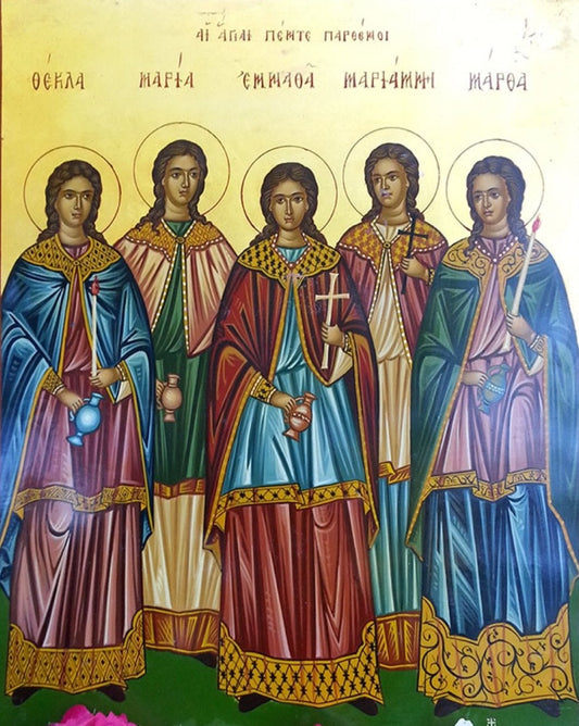 Handpainted orthodox religious icon Saints Thekla, Maria, Ennatha, Mariamna and Martha the Virgin Martyrs - Handmadeiconsgreece