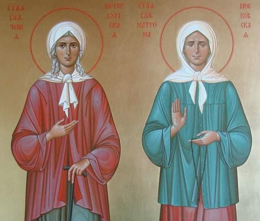Handpainted orthodox religious icon Saints Xenia of Petersburg and Matrona of Moscow - Handmadeiconsgreece