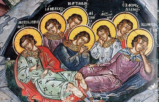 Handpainted orthodox religious icon the Seven Holy Sleepers of Ephesus - Handmadeiconsgreece