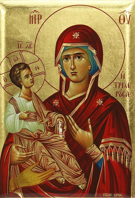 Handpainted orthodox religious icon Virgin Mary Tricherousa - Handmadeiconsgreece
