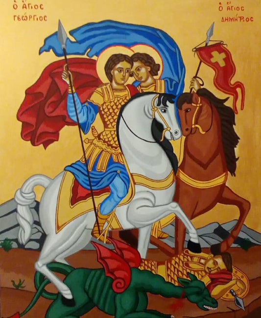 Handpainted orthodox religious icon Saint George and Saint Demetrius on horses - Handmadeiconsgreece