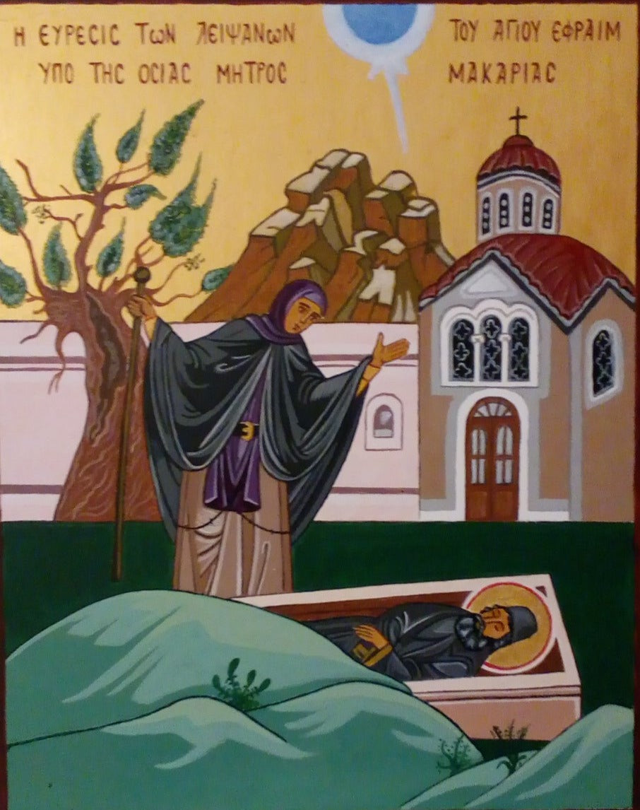 Handpainted orthodox religious icon Nun Makaria finding the holy relics of Saint Efraim - HandmadeIconsGreece