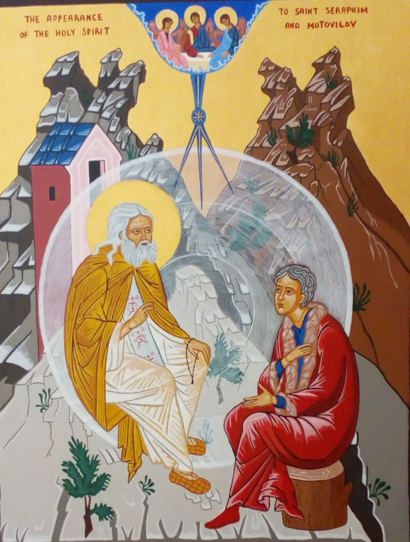Handpainted orthodox russian religious icon Saint Seraphim of Sarov's conversation with Nicholas Motovilov - HandmadeIconsGreece