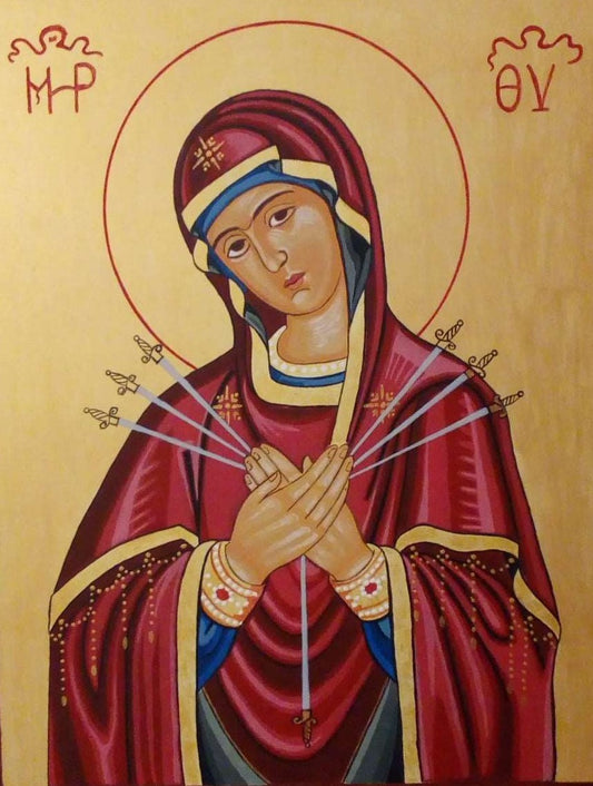 Handpainted orthodox religious icon Virgin Mary Seven Swords or Sorrows - HandmadeIconsGreece