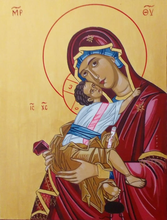 Handpainted orthodox religious icon Virgin Mary Sweet Kissing (Glykofilousa) - HandmadeIconsGreece