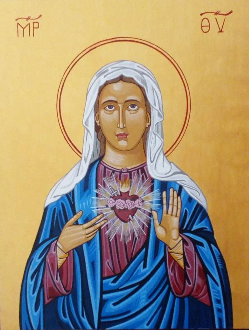 Handpainted catholic religious icon Virgin Mary Immaculate Heart - HandmadeIconsGreece