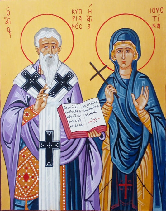 Handpainted orthodox religious icon Saint Cyprian the Holy Martyr and Saint Justina the Virgin Martyr - Handmadeiconsgreece