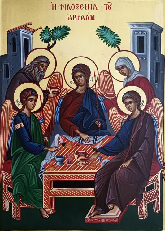Handpainted orthodox religious icon Hospitality of Abraham - Handmadeiconsgreece