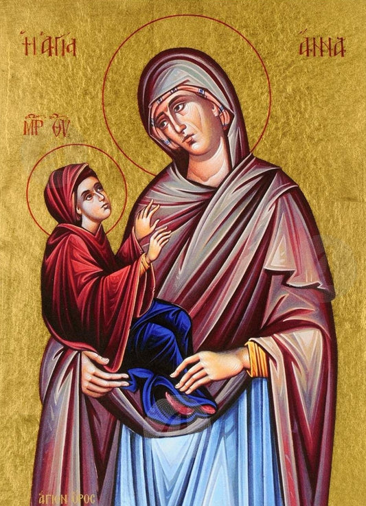 Handpainted orthodox religious icon Saint Anna with Virgin Mary - Handmadeiconsgreece