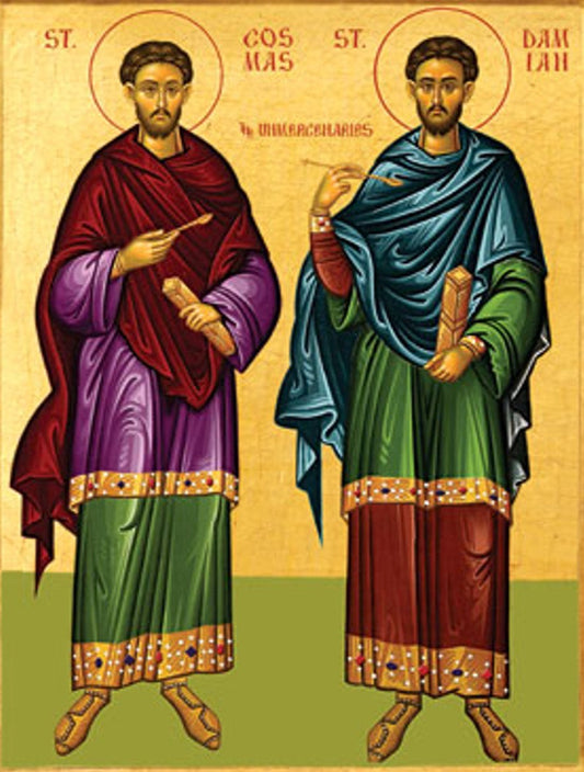 Handpainted orthodox religious icon Saint Cosmas and Damian - Handmadeiconsgreece