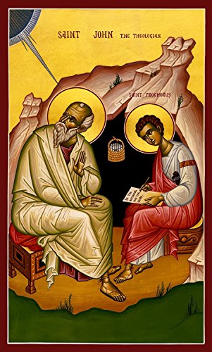 Handpainted orthodox religious icon Saint John the Theologian with Saint Prochorus in Cave - HandmadeIconsGreece