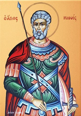 Handpainted orthodox religious icon Saint Menas the Great Martyr - Handmadeiconsgreece