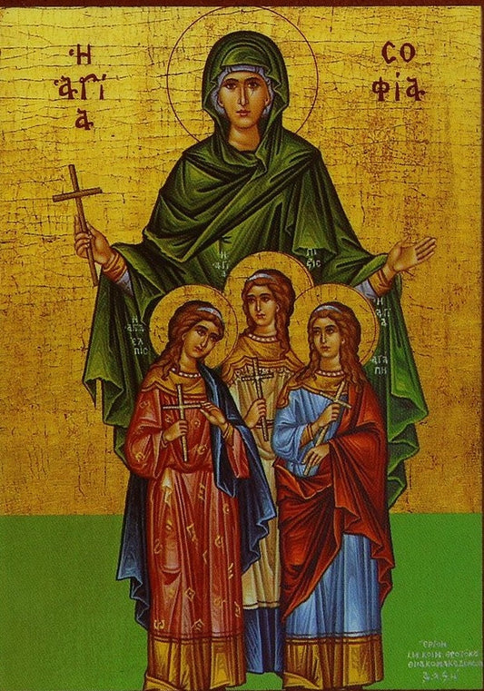 Handpainted orthodox religious icon Saint Sophia and her daughters Agape, Pisti and Elpida - Handmadeiconsgreece