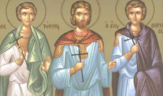Handpainted orthodox religious icon Saints Trophimus, Sabbatius and Dorymedon of Synnada - Handmadeiconsgreece