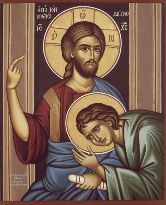 Handpainted orthodox religious icon Jesus Christ and Saint John at the Last Supper - HandmadeIconsGreece